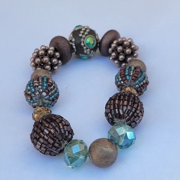 Vintage beaded bracelet 50s crystal pearl bronze glam chunky statement - Picture 1 of 10